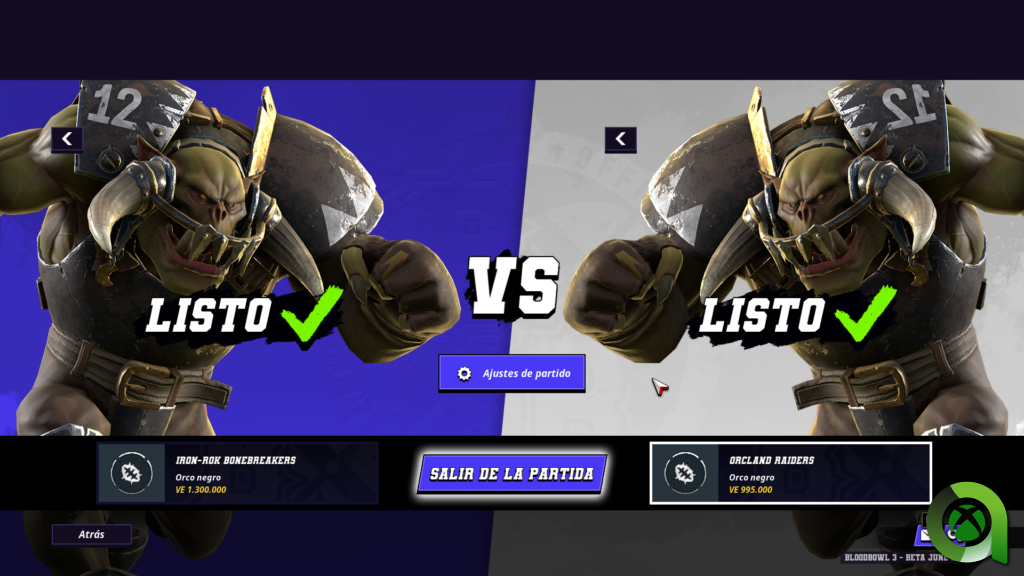 Menú de selección de equipos