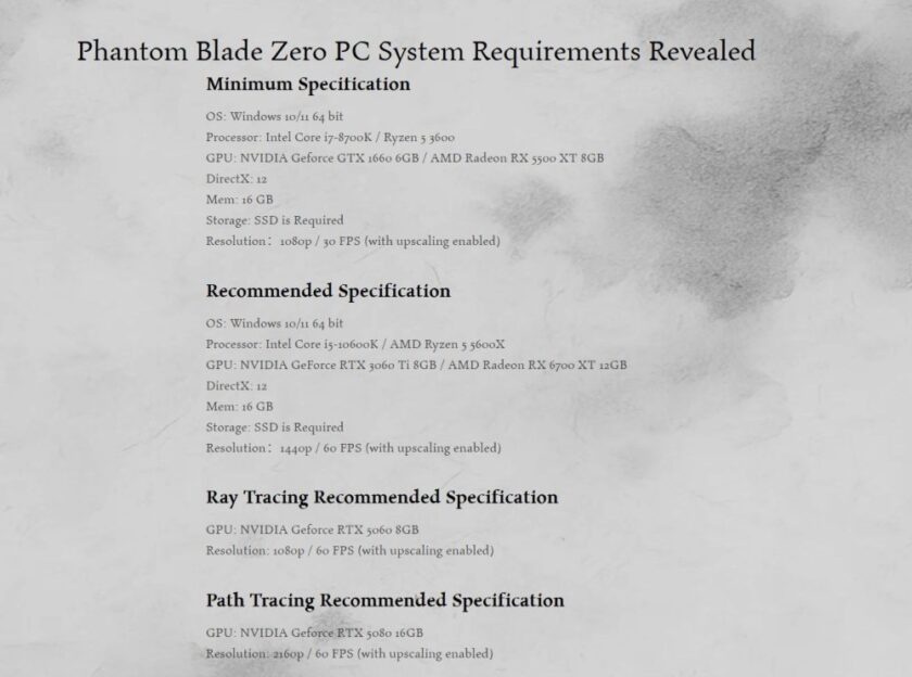 Phantom Blade Zero requisitos